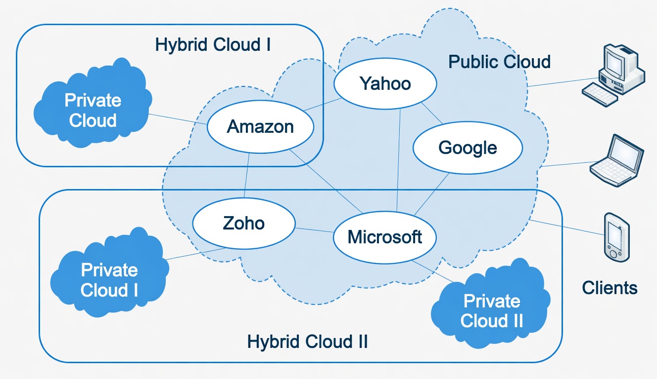 Hybrid cloud architecture — private, public and hybrid cloud environments